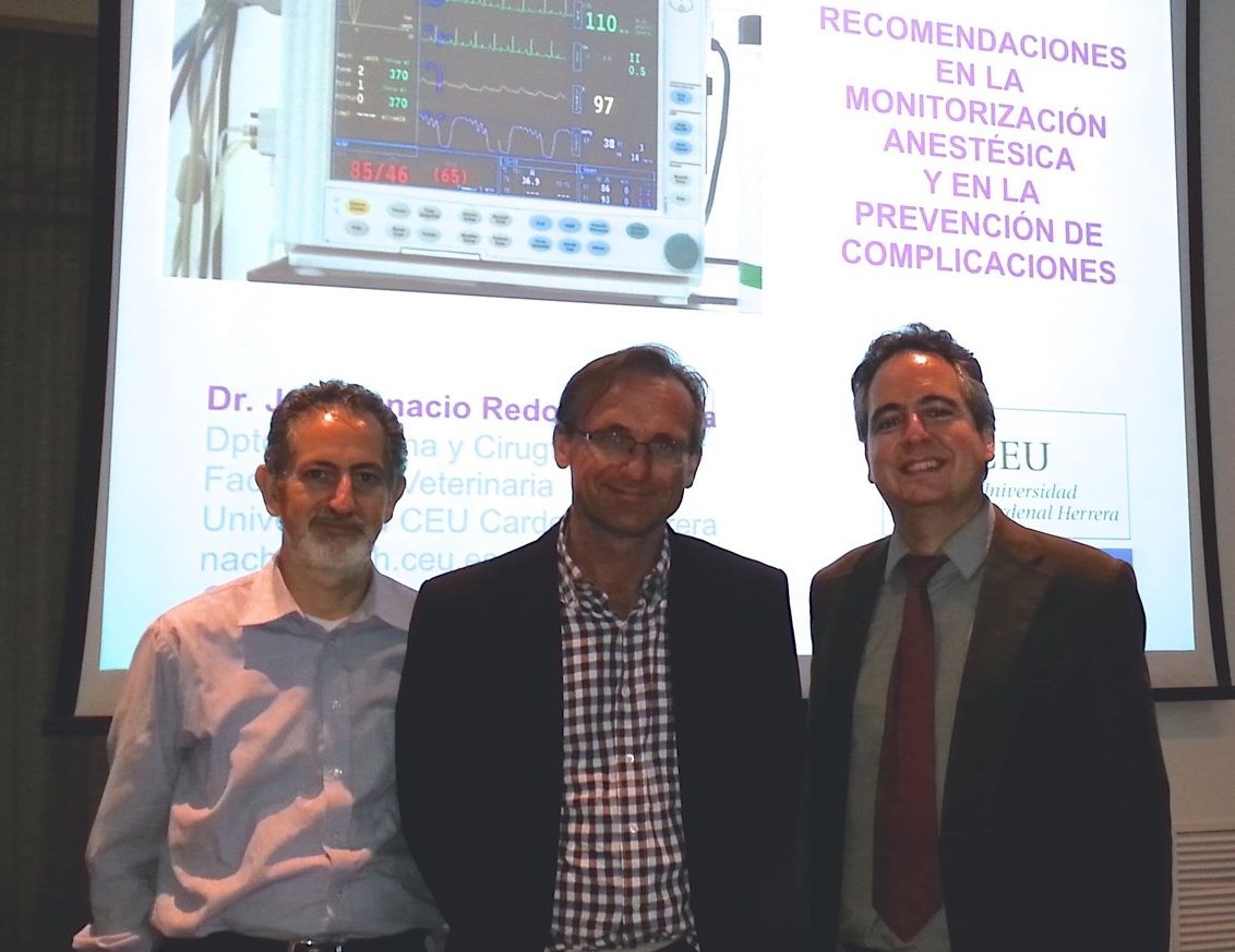 El Dr. Ignacio Álvarez Gómez de Segura, Presidente del GAVA, el Dr. David Brodbelt y el Dr. José Ignacio Redondo, durante la Jornada celebrada en Madrid.