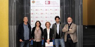 Berlanga versus Capra, en las Jornadas “Malestar y cine” de la Cátedra Luis García Berlanga-CEU Cardenal Herrera Rafael Torres, de Makma; Begoña Siles, directora de la Cátedra Luis García Berlanga-CEU Cardenal Herrera; la rectora de la CEU-UCH, Rosa Visiedo; el director adjunto de Culturarts-IVAC, José Luis Moreno; y Rafael Maluenda, director del Berlanga Film Museum.