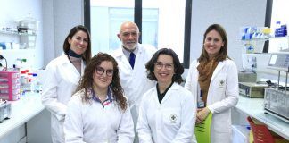 Desarrollan una nueva forma farmacéutica para la administración de antibióticos a través de la córnea Los investigadores de la CEU UCH María Aracely Calatayud, Vicente Rodilla, Cristina Balaguer, María Sebastián y Alicia López, autores del diseño del nuevo inserto ocular soluble para la administración de antibióticos a través de la córnea.