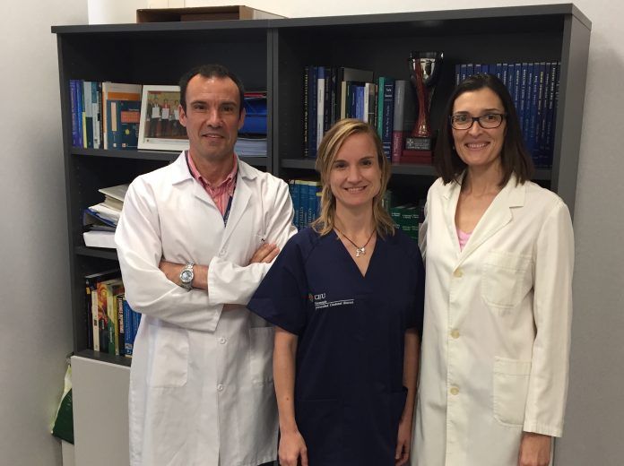 Los profesores investigadores de Medicina y Fisioterapia Juan Francisco Lisón, Mireia Martí y María Dolores Arguisuelas, autores del estudio junto al profesor Julio Doménech y la alumna de posgrado Laura Hidalgo.