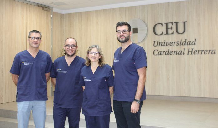 Los profesores de Fisioterapia de la CEU UCH Javier Martínez Gramage, José Martínez Olmos, Eva Segura y Juan José Amer, miembros del equipo investigador.