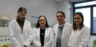 El agua con alto contenido en hierro, uno de los principales factores de riesgo para la aparición de manchas negras en la placa dental Los investigadores Claudia Ortiz, Verónica Veses, José Antonio García Bautista y María del Mar Jovani, autores del estudio sobre las manchas negras en la placa dental, en los laboratorios de la CEU UCH.