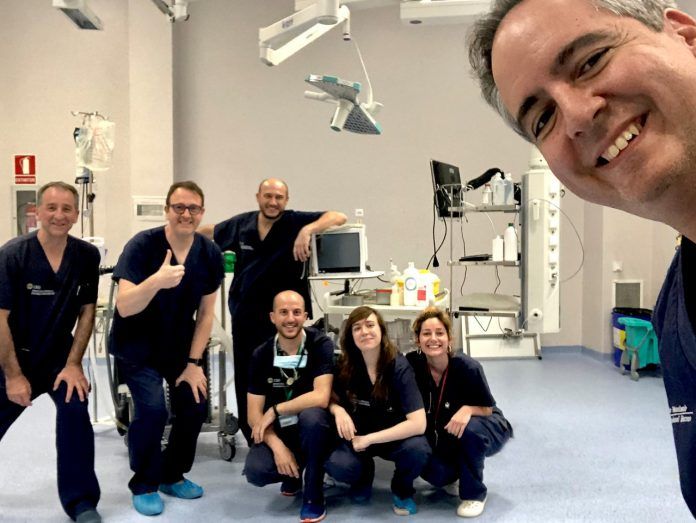 En primer plano, José Ignacio Redondo junto al equipo de Anestesiología Veterinaria de la CEU UCH, y José Miguel Alonso, anestesiólogo de La Fe y director del proyecto ACUTE-19 (segundo por la dcha.).