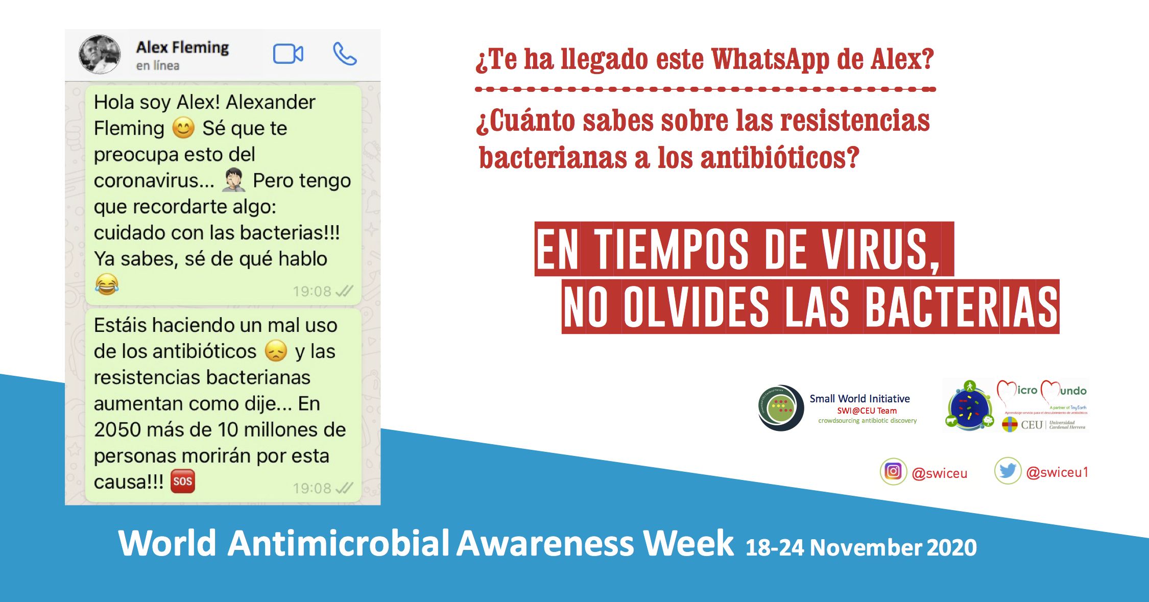 Cartel de la campaña “En tiempo de virus, no olvides las bacterias”, de estudiantes del Ciencias de la Salud y Comunicación de la CEU UCH, miembros del equipo SWICEU.